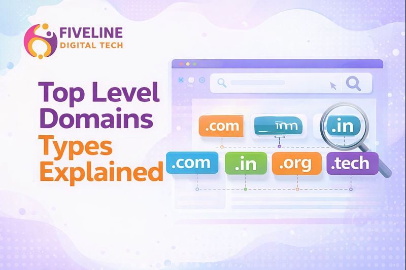 Top level domains types guide showing domain extensions like .com .in .org